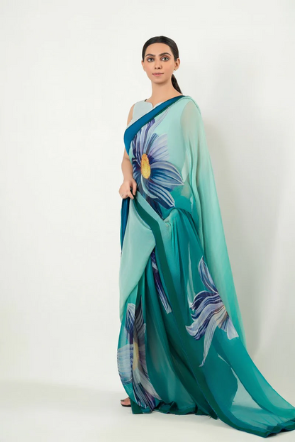 Turquoise Blue Floral Silk Blend Saree - Designer Printed Saree
