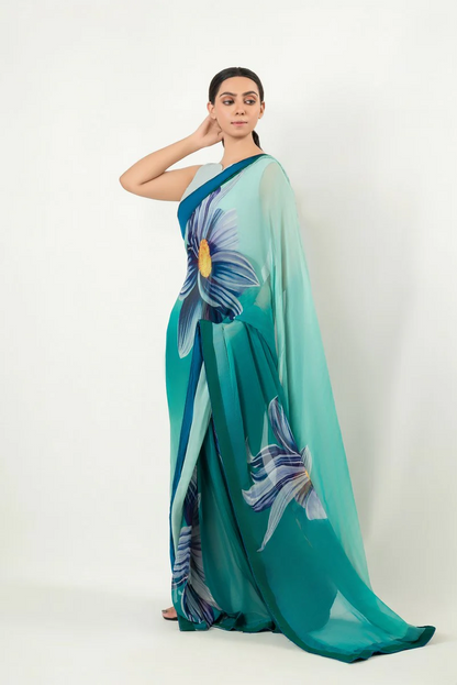 Turquoise Blue Floral Silk Blend Saree - Designer Printed Saree