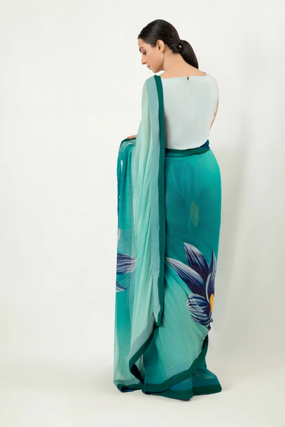 Turquoise Blue Floral Silk Blend Saree - Designer Printed Saree