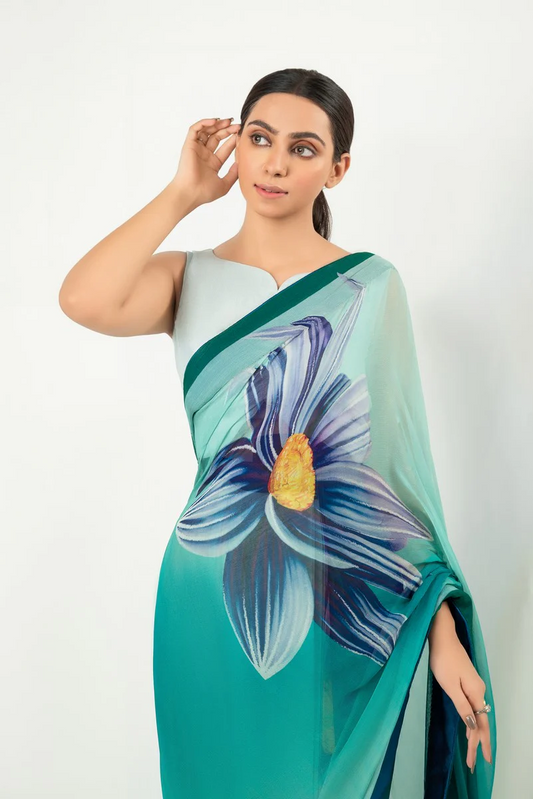 Turquoise Blue Floral Silk Blend Saree - Designer Printed Saree