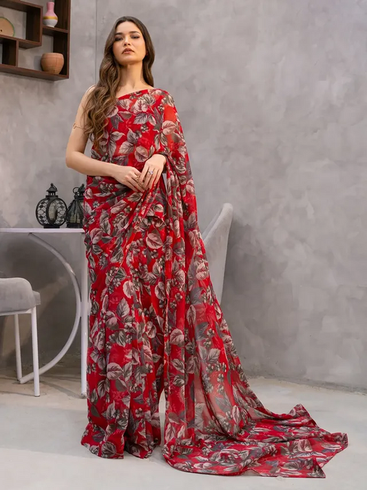 Elegant Red Floral Silk Blend Saree with Unstitched Blouse