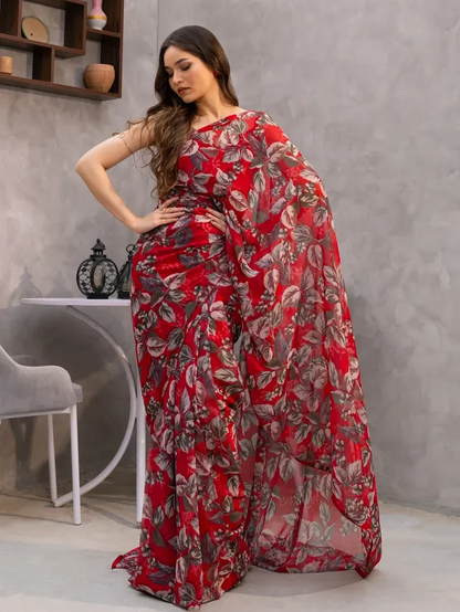 Elegant Red Floral Georgette Saree with Unstitched Blouse