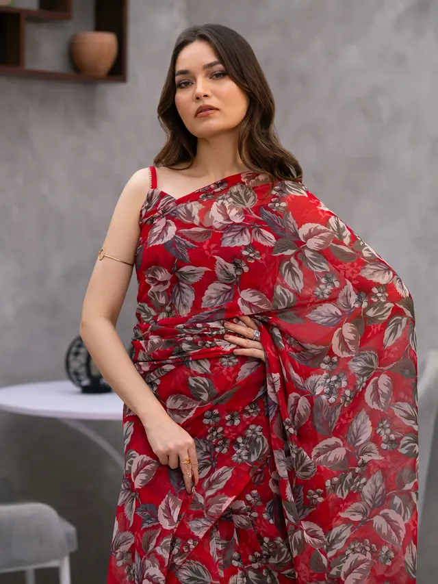 Elegant Red Floral Silk Blend Saree with Unstitched Blouse
