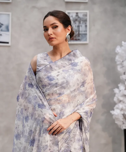 Elegant Grey Floral Silk Blend Saree with Unstitched Blouse