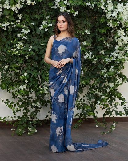 Elegant Blue Floral Georgette Saree with Unstitched Blouse