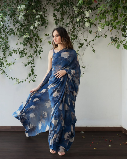Elegant Blue Floral Georgette Saree with Unstitched Blouse