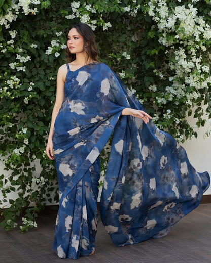 Elegant Blue Floral Georgette Saree with Unstitched Blouse