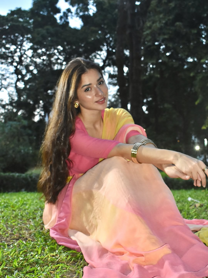 Pastel Ombre Silk Blend Saree - Yellow Pink Gradient Saree