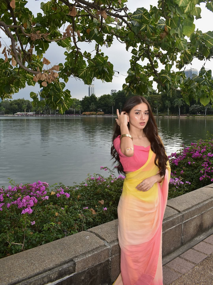 Pastel Ombre Silk Blend Saree - Yellow Pink Gradient Saree