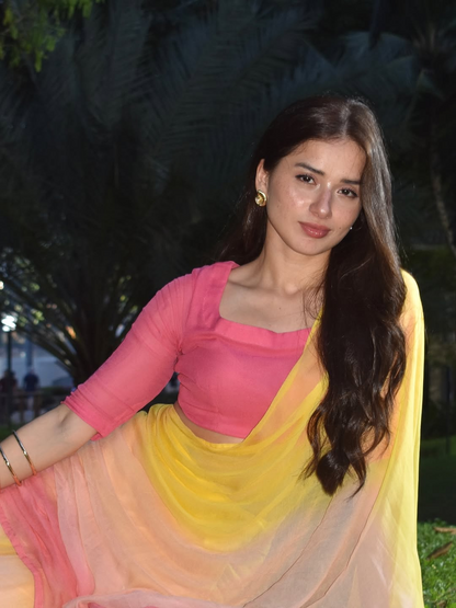 Pastel Ombre Silk Blend Saree - Yellow Pink Gradient Saree