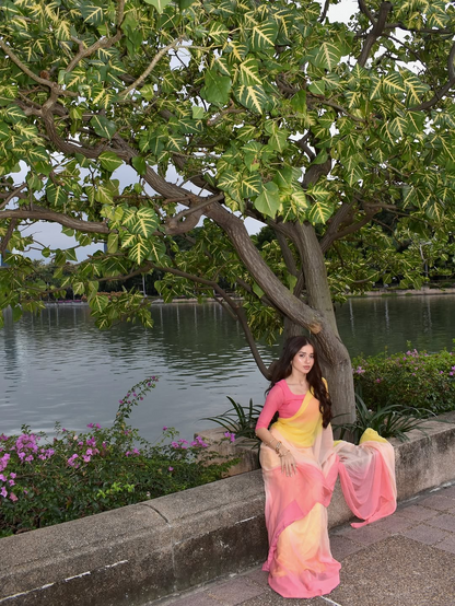 Pastel Ombre Silk Blend Saree - Yellow Pink Gradient Saree