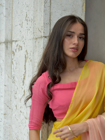 Pastel Ombre Silk Blend Saree - Yellow Pink Gradient Saree
