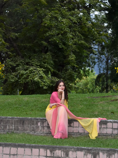 Pastel Ombre Silk Blend Saree - Yellow Pink Gradient Saree