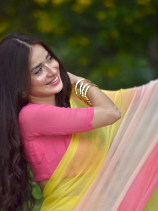 Pastel Ombre Silk Blend Saree - Yellow Pink Gradient Saree