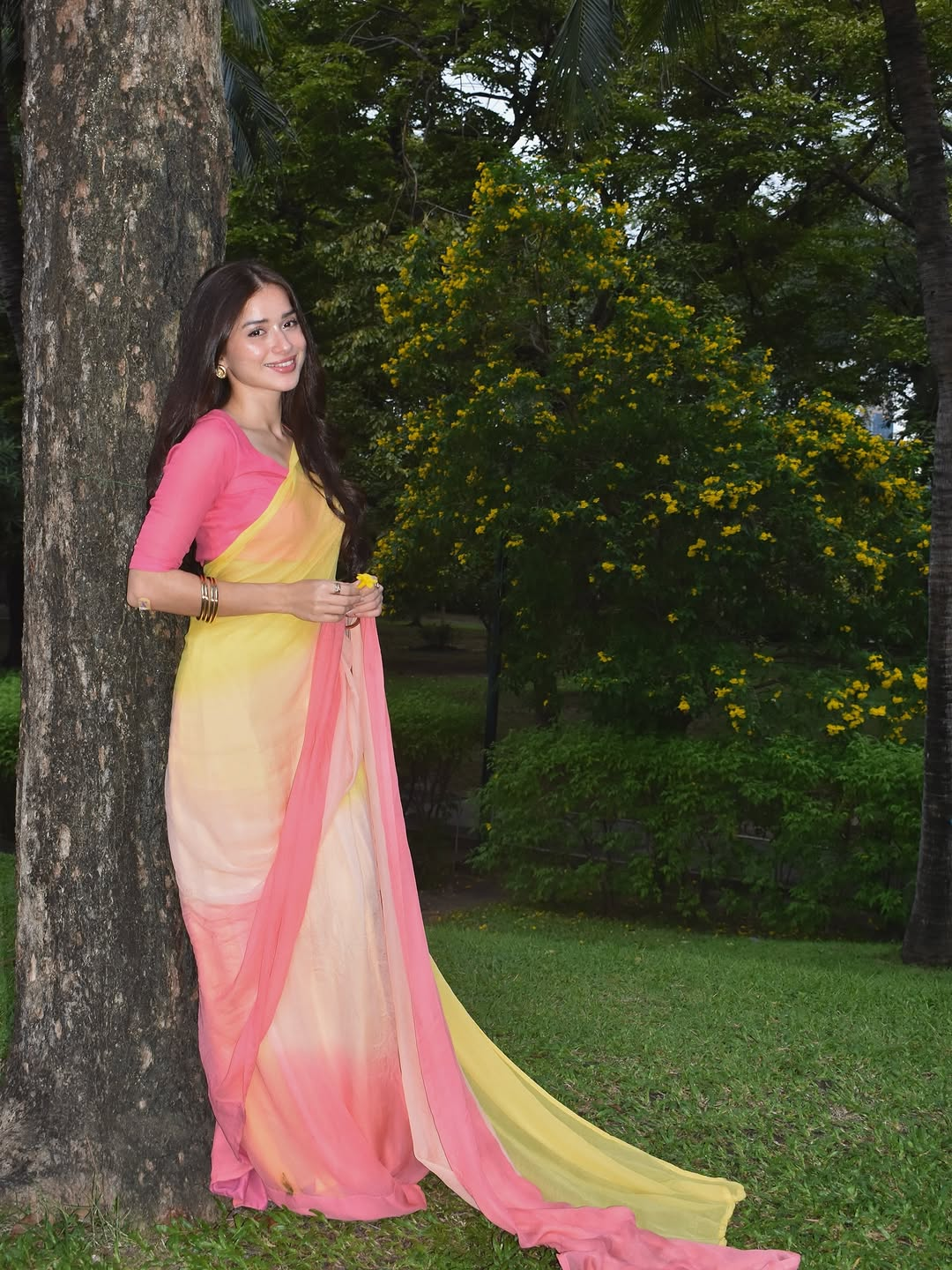 Pastel Ombre Silk Blend Saree - Yellow Pink Gradient Saree