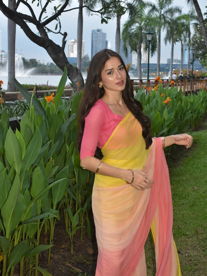 Pastel Ombre Silk Blend Saree - Yellow Pink Gradient Saree