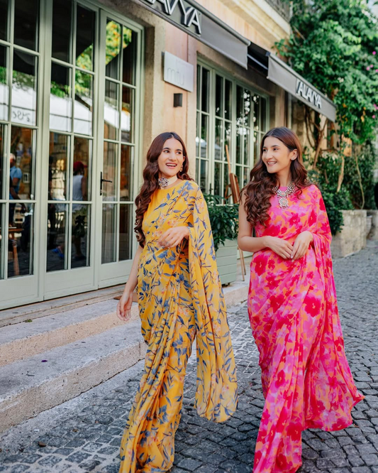 Floral Silk Blend Saree Combo - Yellow & Pink Set