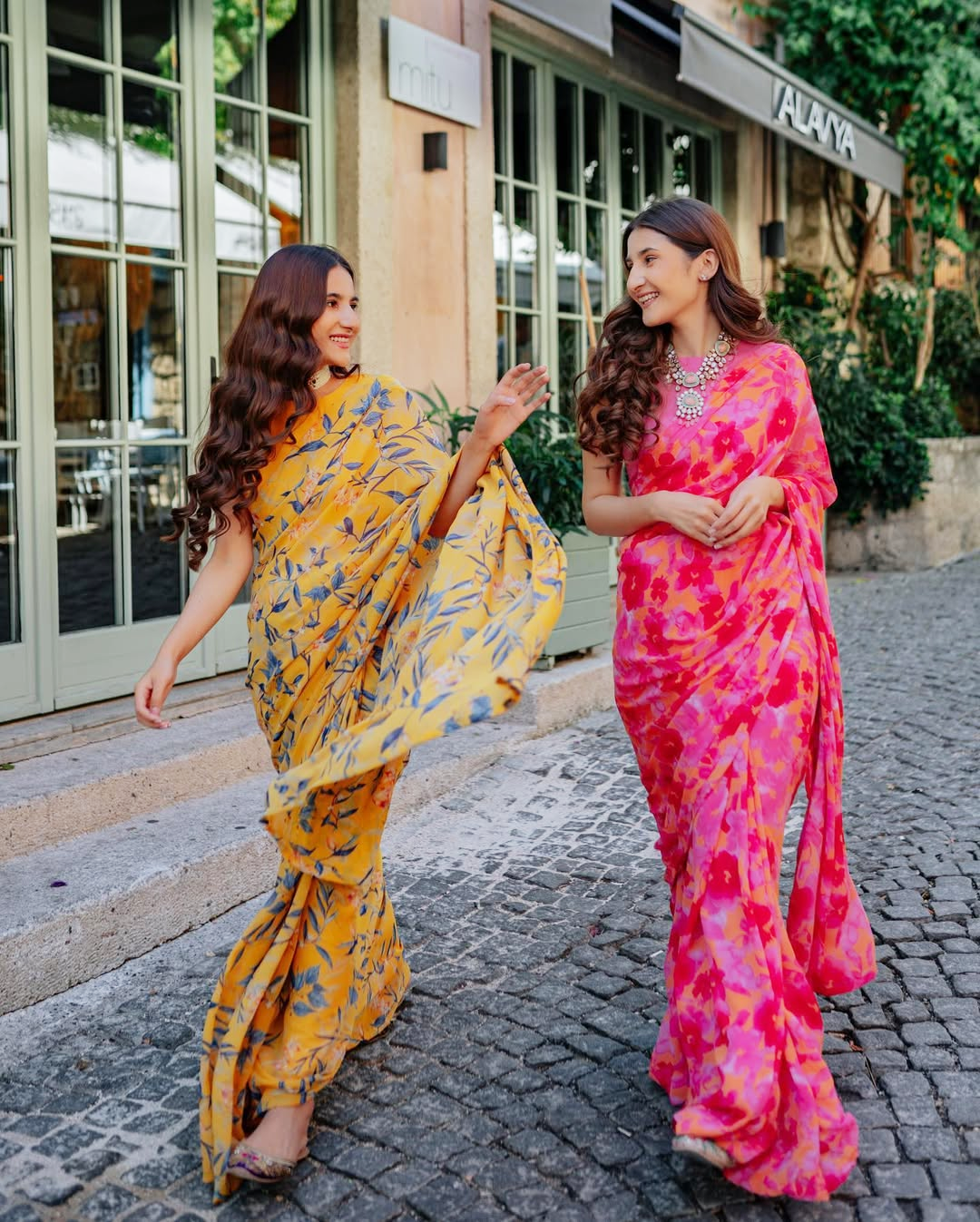 Floral Silk Blend Saree Combo - Yellow & Pink Set