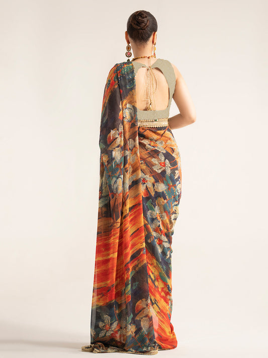 Multicolor Abstract Print Silk Blend Saree