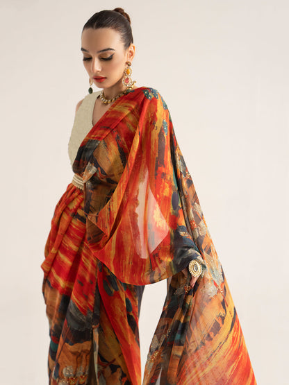 Multicolor Abstract Print Silk Blend Saree