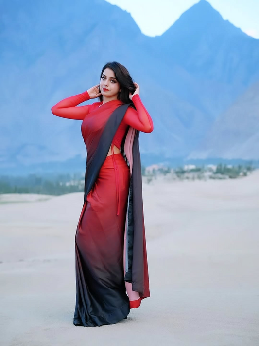 Red to Black Ombre Silk Blend Saree