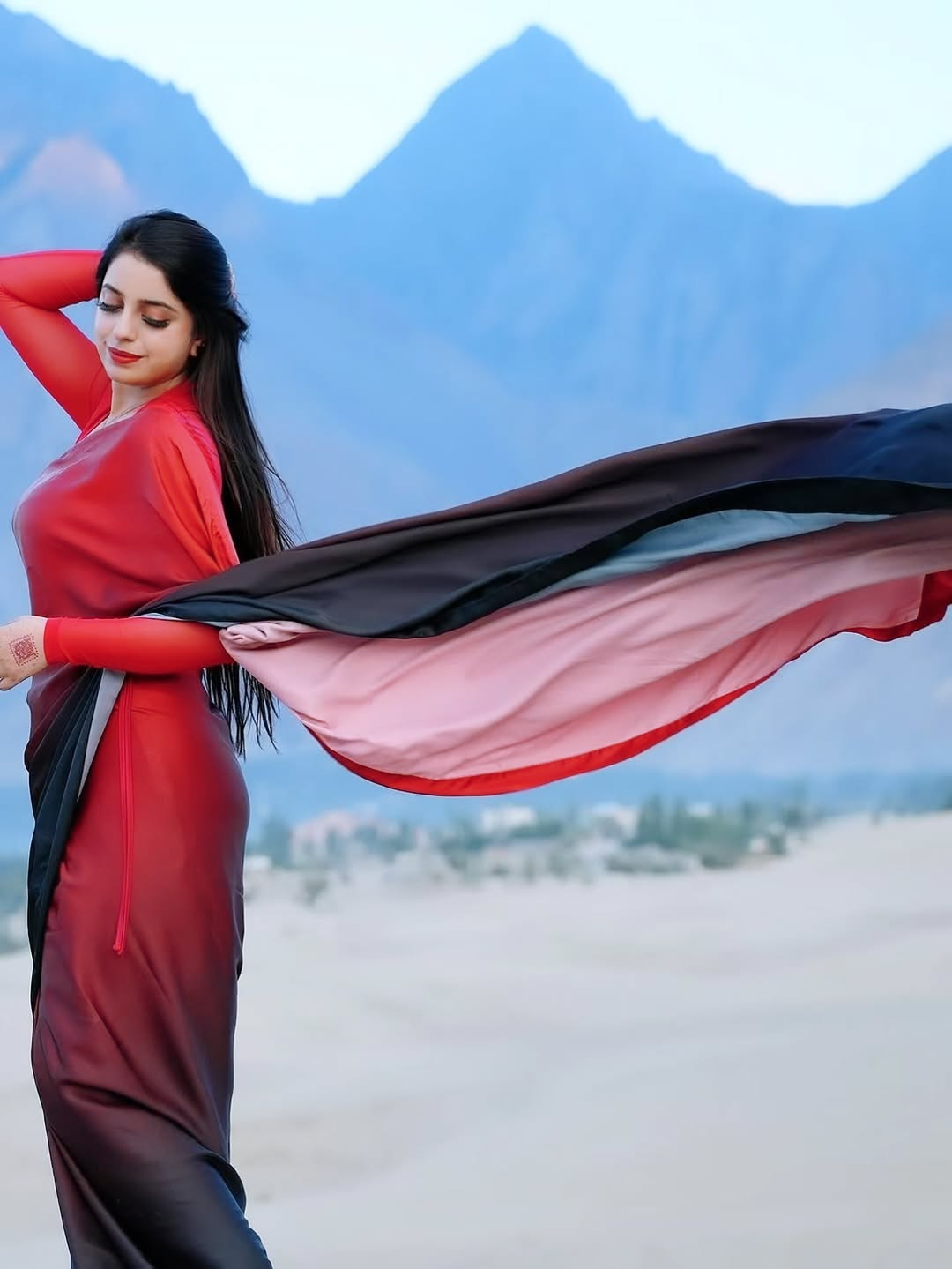 Red to Black Ombre Silk Blend Saree