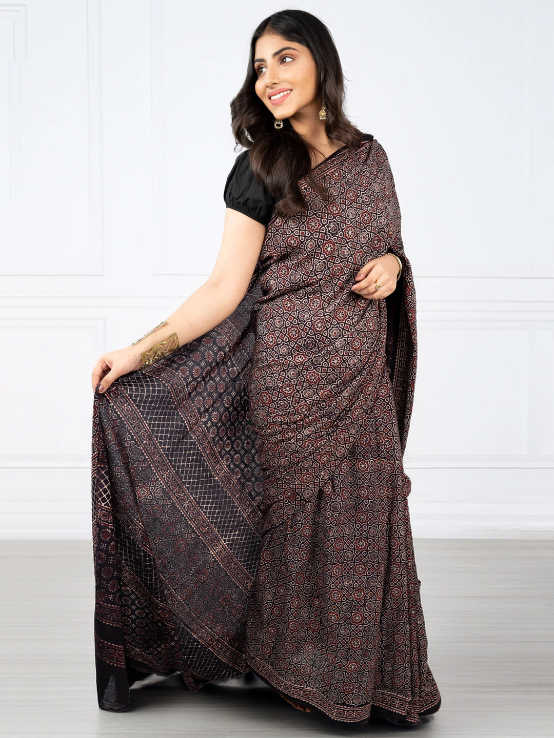 Brown Ajrakh Printed Silk Blend Saree