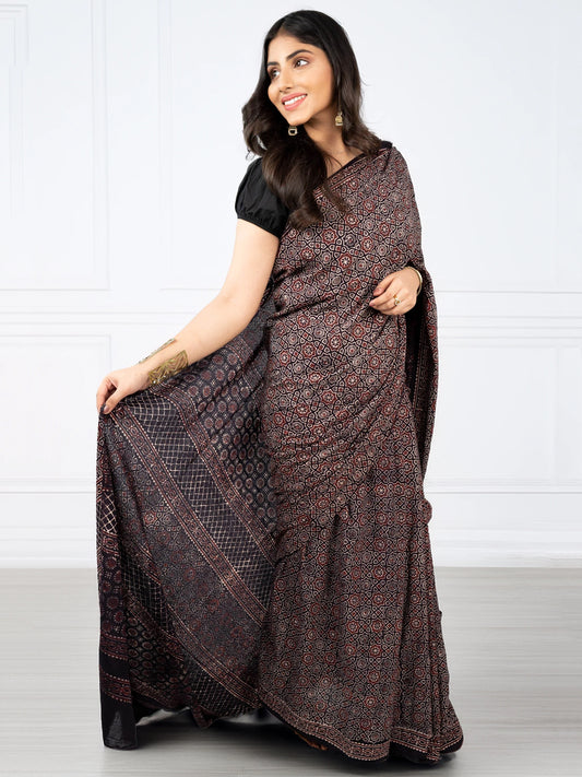 Brown Ajrakh Printed Silk Blend Saree