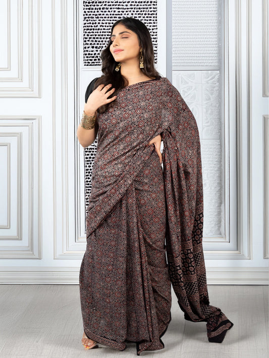 Brown Ajrakh Printed Silk Blend Saree