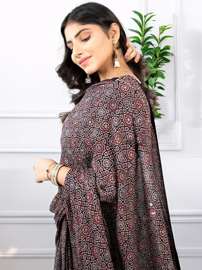 Brown Ajrakh Printed Silk Blend Saree