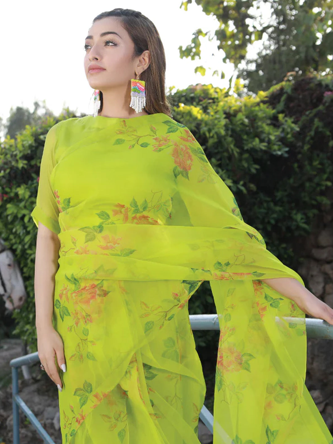 Lime Green Floral Print Saree - Fresh Organza with Unstitched Blouse
