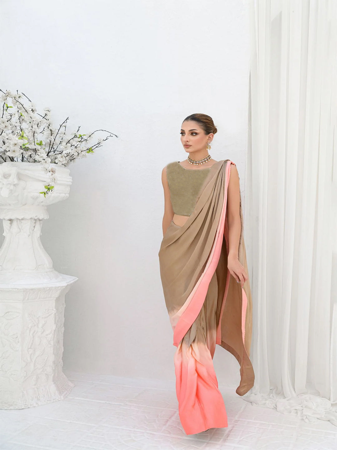 Beige Coral Silk Blend Saree – Contemporary Drape Style Party Wear