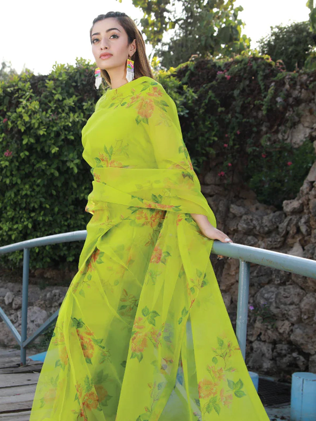 Lime Green Floral Print Saree - Fresh Organza with Unstitched Blouse