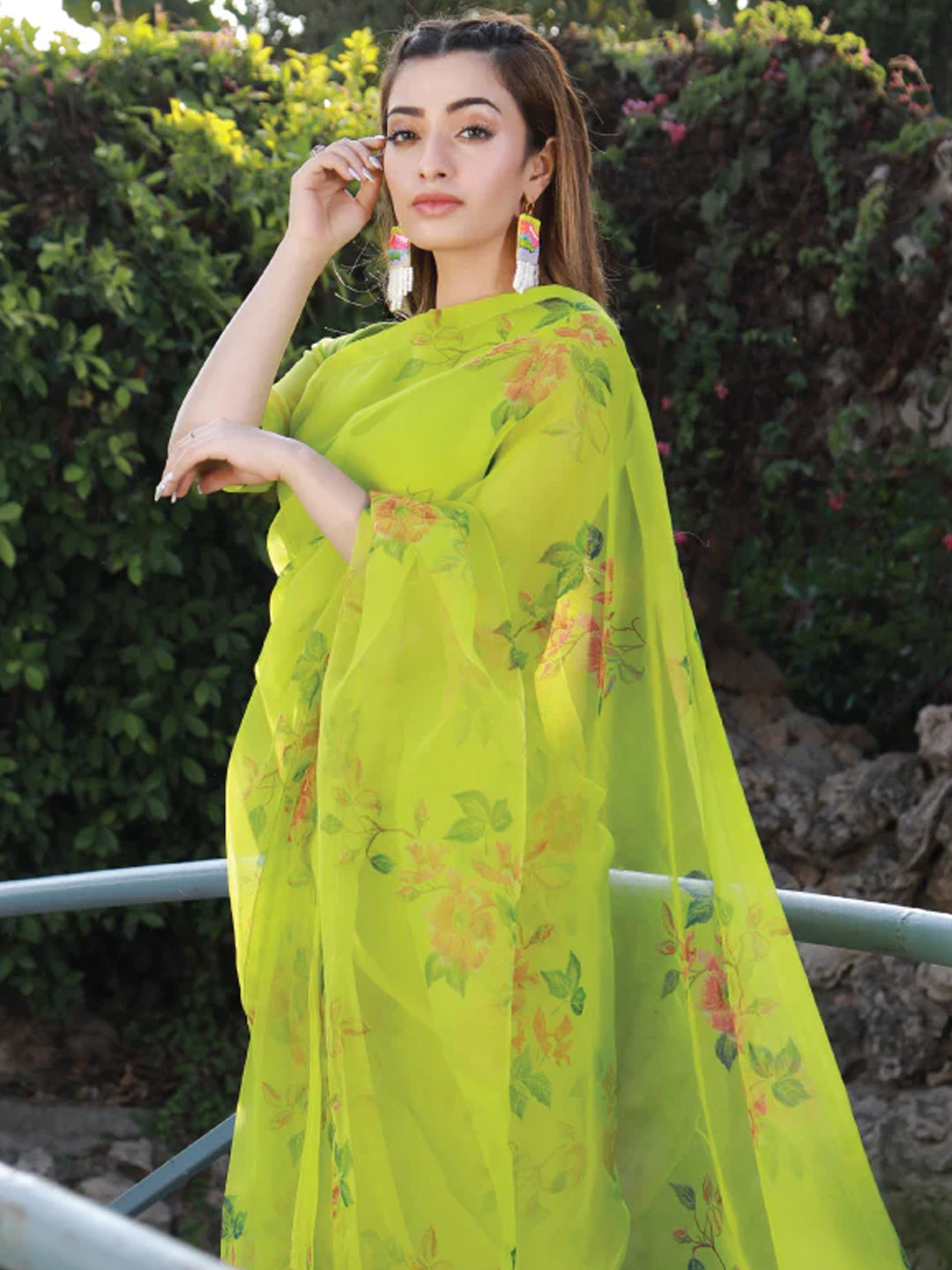 Lime Green Floral Print Saree - Fresh Organza with Unstitched Blouse