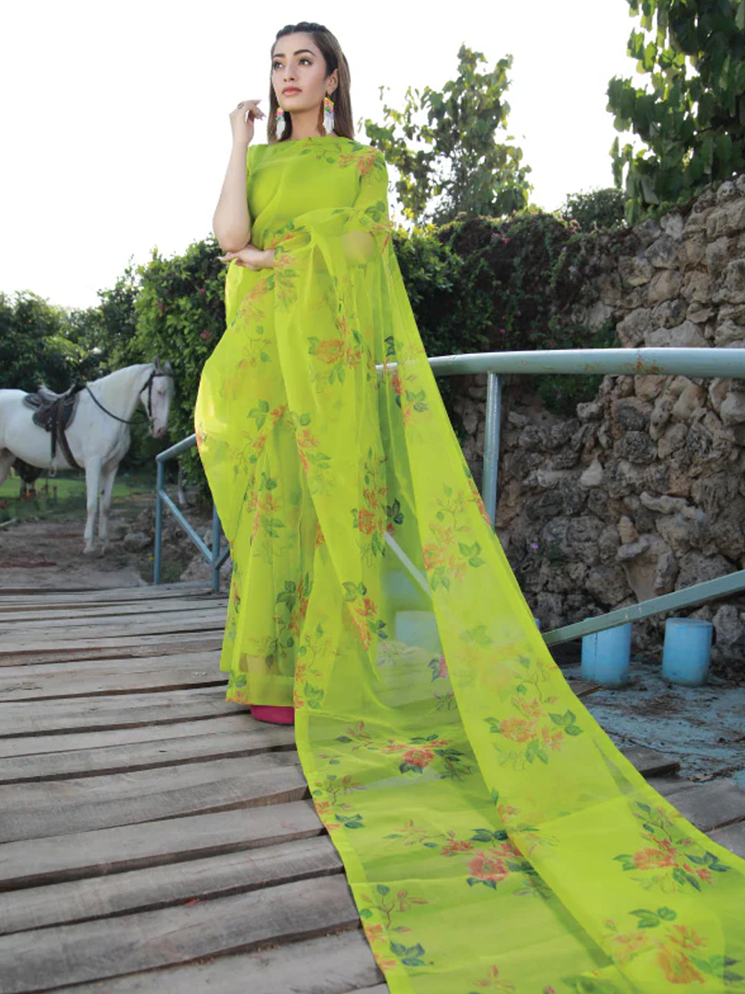 Lime Green Floral Print Saree - Fresh Organza with Unstitched Blouse