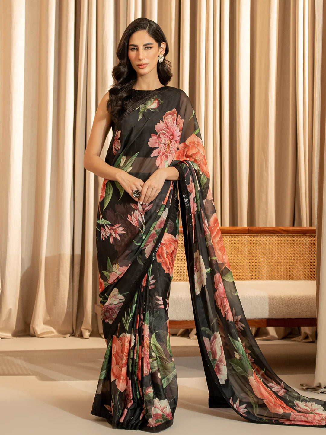 Floral Silk Blend Saree - Black with Red Roses