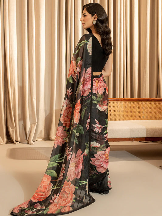 Floral Silk Blend Saree - Black with Red Roses