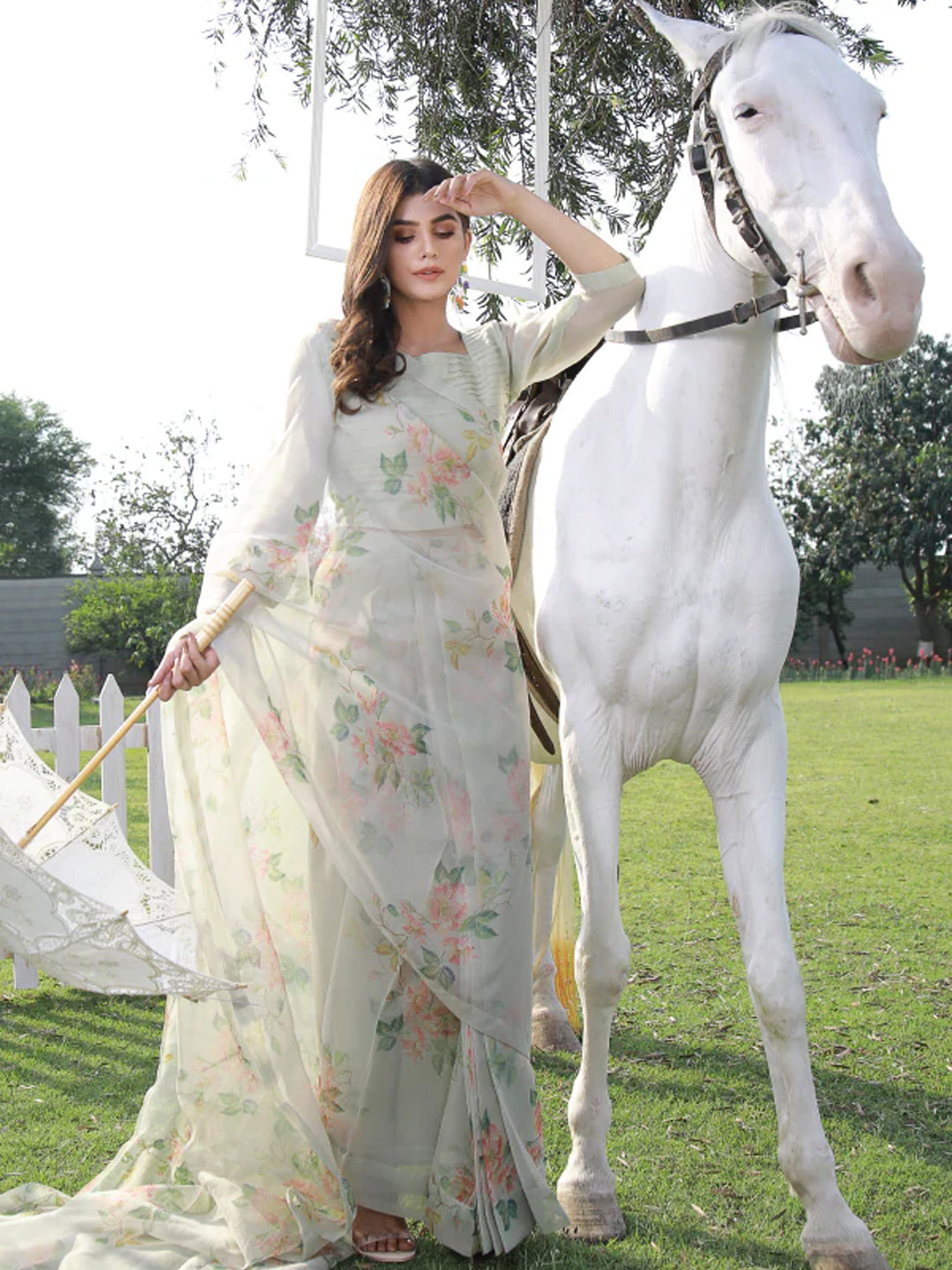 Elegant Floral Organza Saree - Light Grey with floral Print
