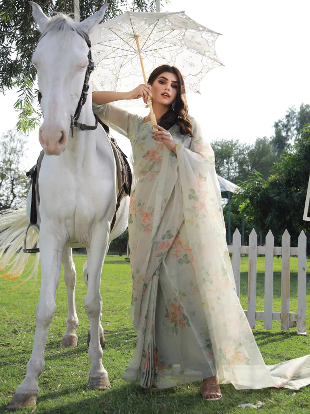 Elegant Floral Organza Saree - Light Grey with floral Print