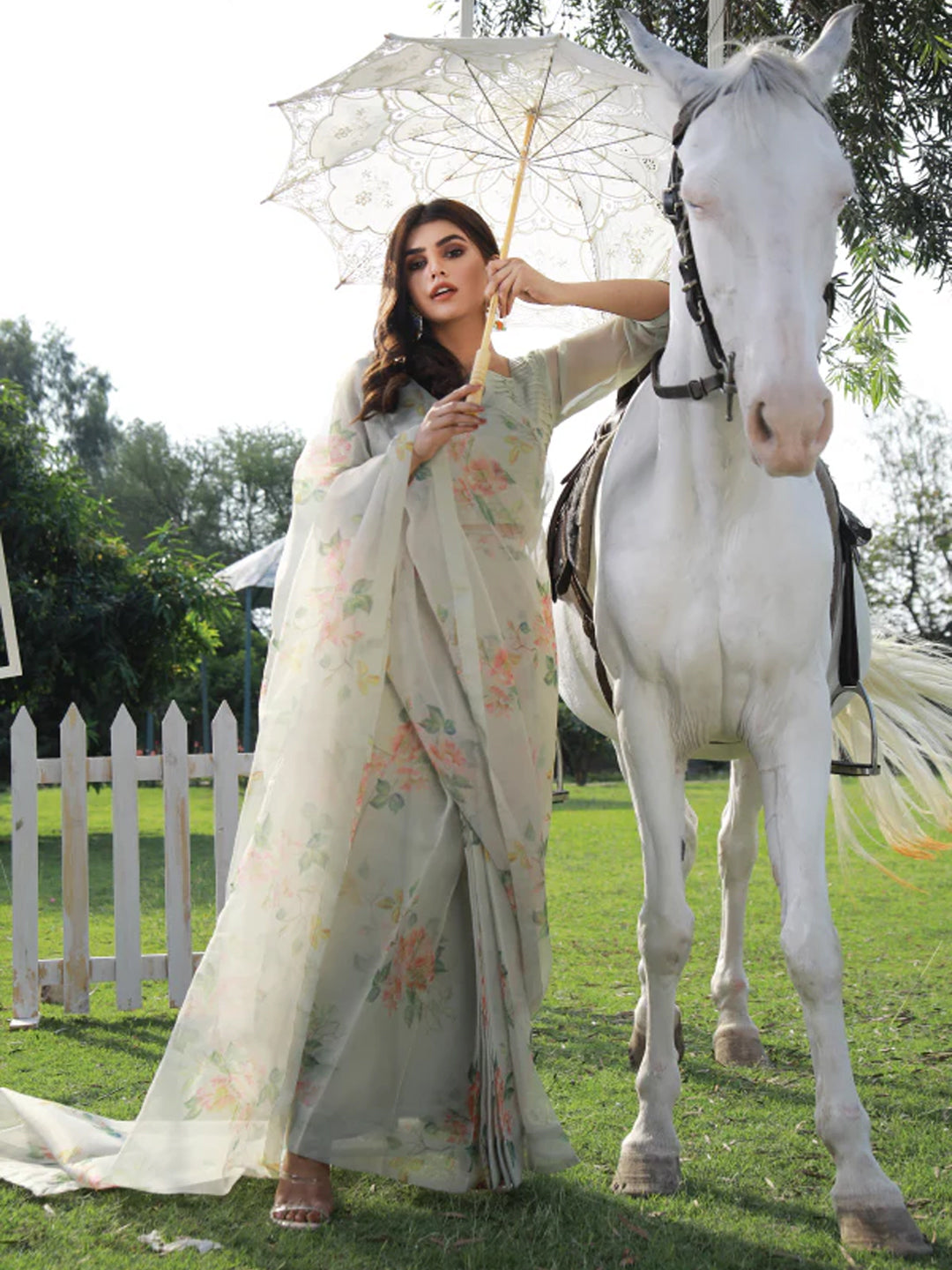 Elegant Floral Organza Saree - Light Grey with floral Print