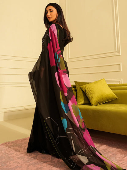 Black Abstract Design Saree  - Designer Silk Blend with Unstitched Blouse