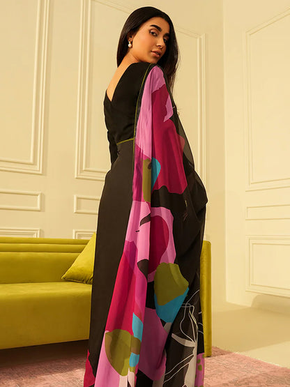 Black Abstract Design Saree  - Designer Silk Blend with Unstitched Blouse
