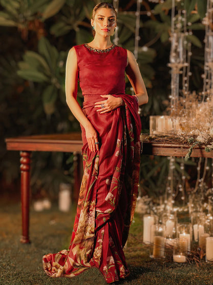 Red Floral Print Saree - Luxurious Silk Blend with Unstitched Blouse