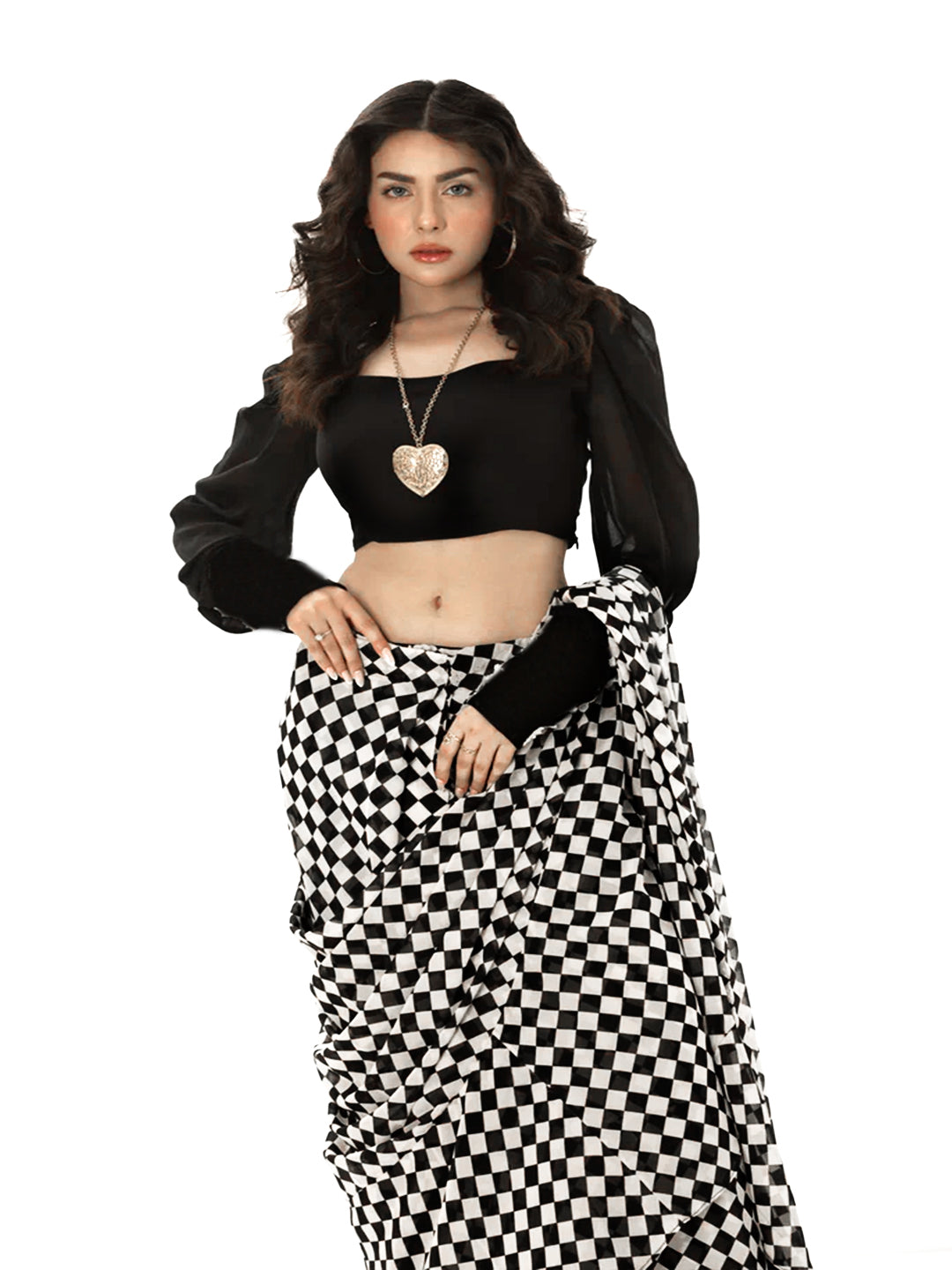 Monochrome Checkered Silk Blend Saree – Lightweight Designer Saree for Parties