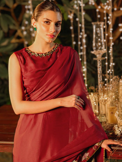 Red Floral Print Saree - Luxurious Silk Blend with Unstitched Blouse