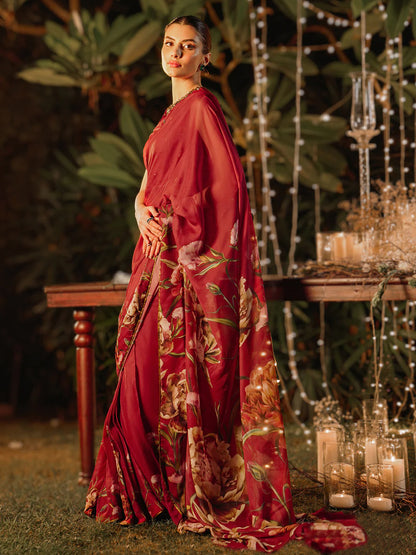 Red Floral Print Saree - Luxurious Silk Blend with Unstitched Blouse