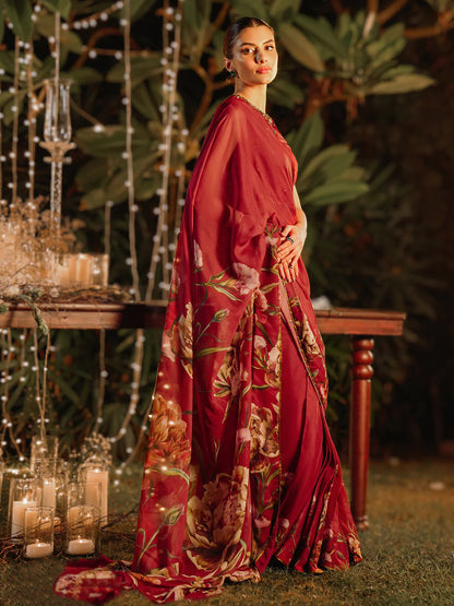 Red Floral Print Saree - Luxurious Silk Blend with Unstitched Blouse