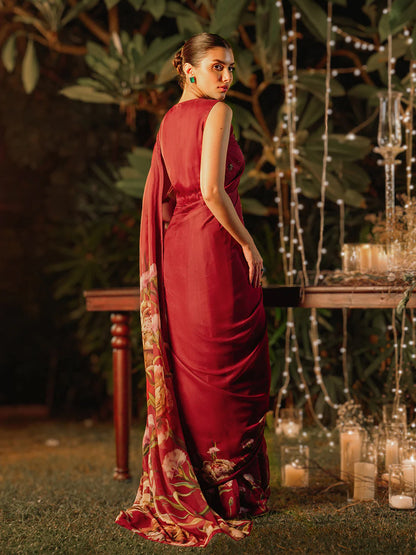 Red Floral Print Saree - Luxurious Silk Blend with Unstitched Blouse