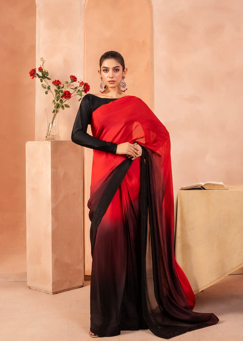 Red Black Ombre Silk Blend Saree