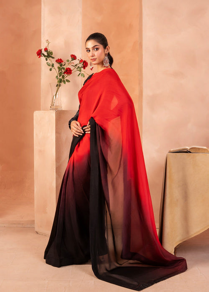 Red Black Ombre Silk Blend Saree